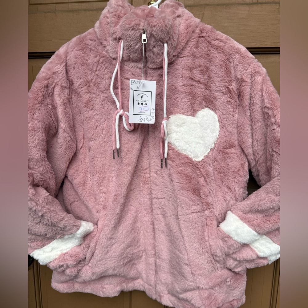 Cozy Pink Teddy Jacket with Heart Detail